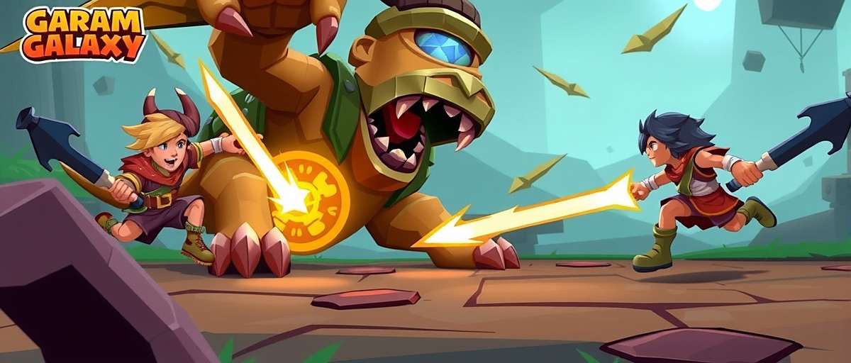 Garam Galaxy gameplay showing team of characters in battle against mythical creatures