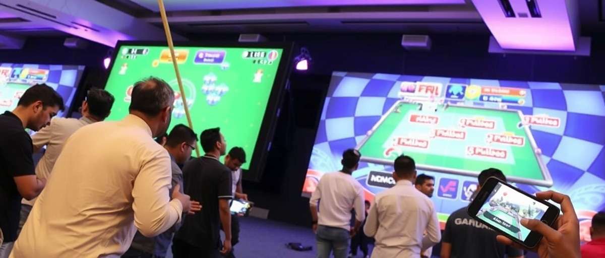 Garam Galaxy tournament in Mumbai with players competing on mobile devices and large screens displaying the game