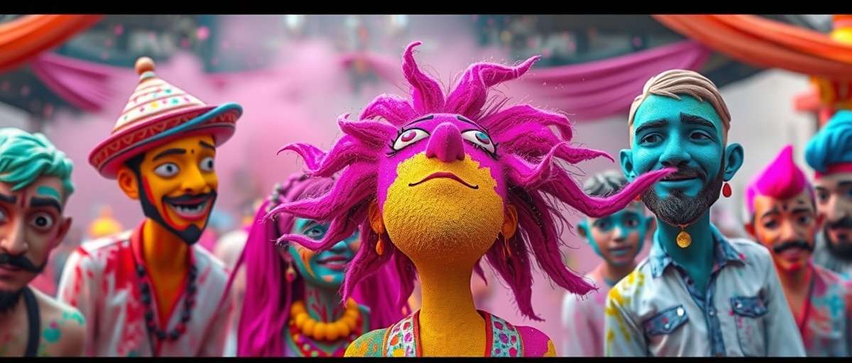 Garam Galaxy Holi event showing characters covered in colorful powders with festival decorations